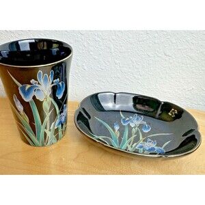 Vintage Takahashi San Francisco Iris Series Black Onyx Glazed Trinket Dish & Cup